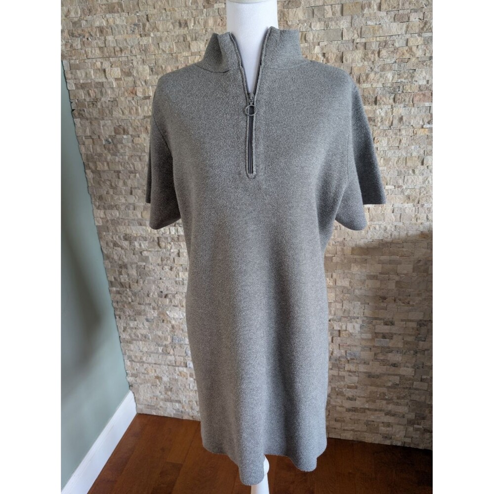 Anthropologie 2XL Grey Sweater Knit Short Sleeve Mock Neck Zip Front Mini Dress